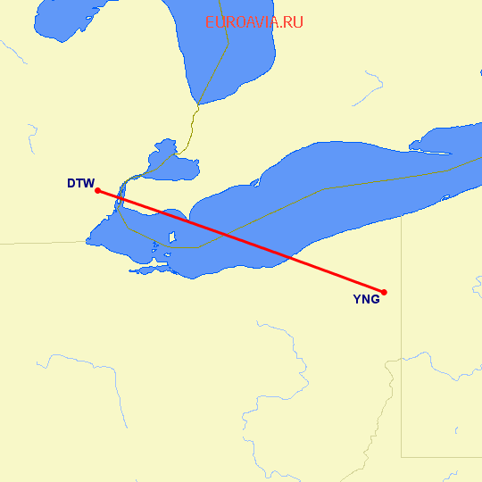 перелет Детройт — Youngstown на карте