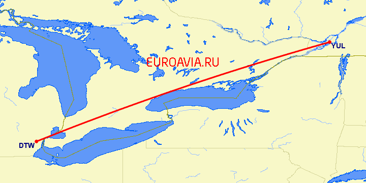 перелет Детройт — Монреаль на карте
