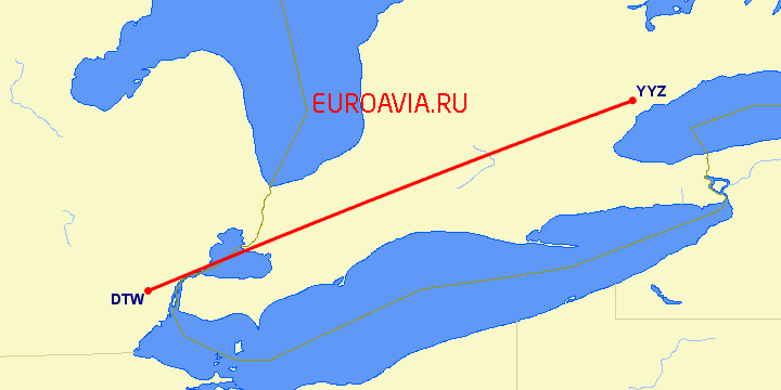 перелет Детройт — Торонто на карте