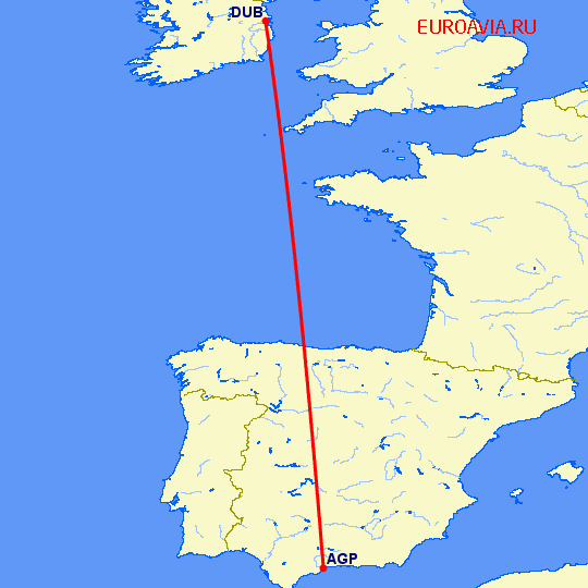 перелет Дублин — Малага на карте