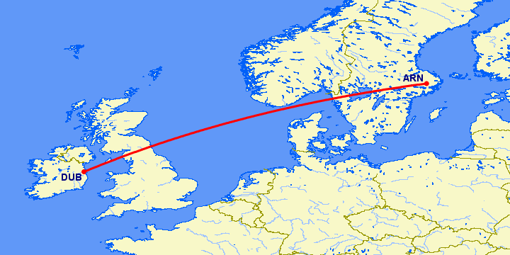 перелет Дублин — Стокгольм на карте