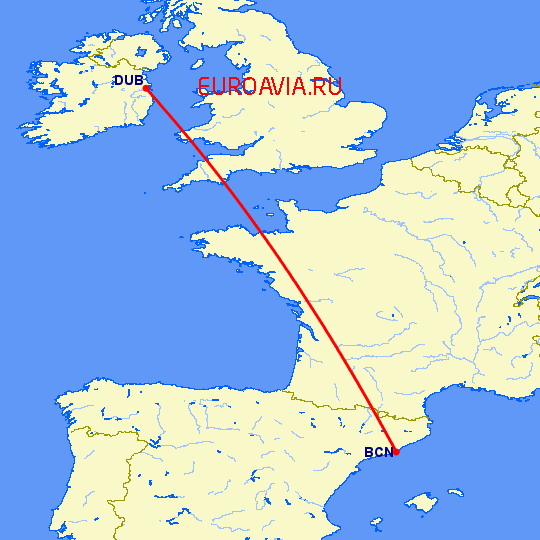 перелет Дублин — Барселона на карте