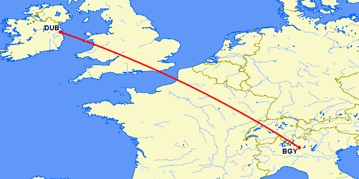 перелет Дублин — Бергамо на карте