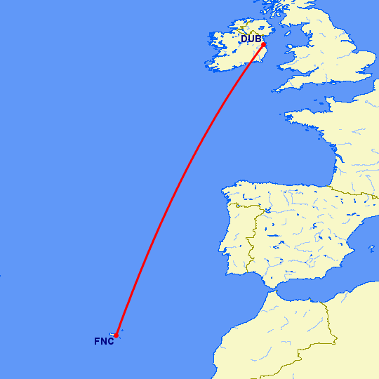 перелет Дублин — Фуншал  на карте