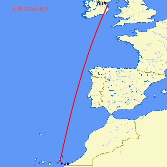 перелет Дублин — Пуэрто дель Росарио на карте