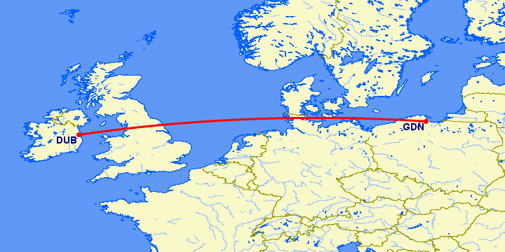 перелет Дублин — Гданьск на карте