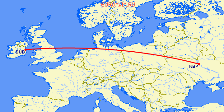 перелет Дублин — Киев на карте