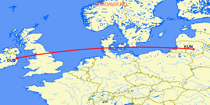 перелет Дублин — Каунас на карте