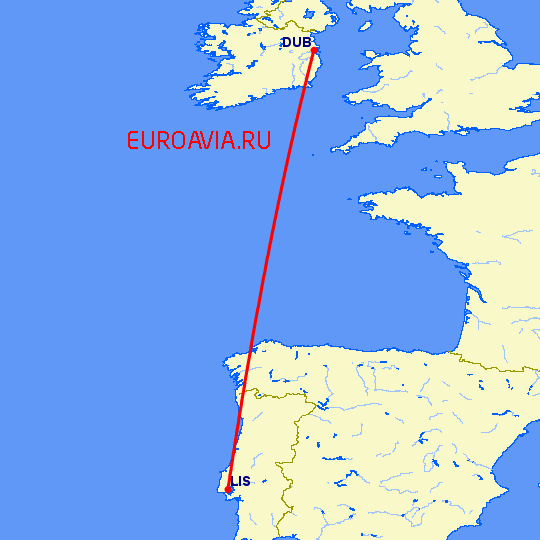 перелет Дублин — Лиссабон на карте
