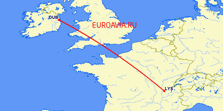 перелет Дублин — Лион на карте