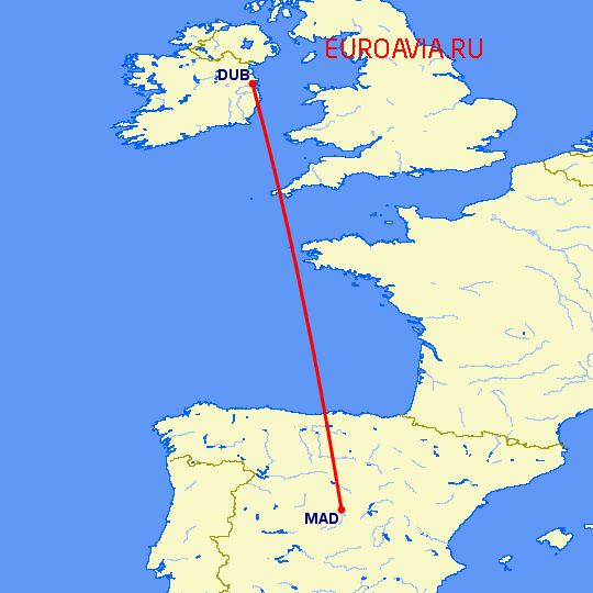 перелет Дублин — Мадрид на карте