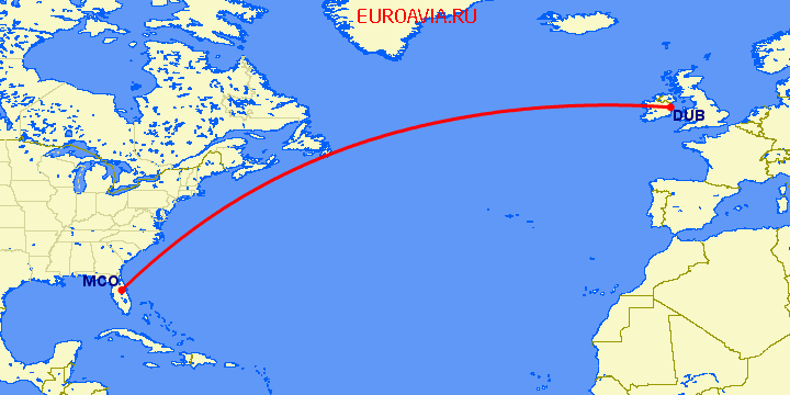 перелет Дублин — Орландо на карте