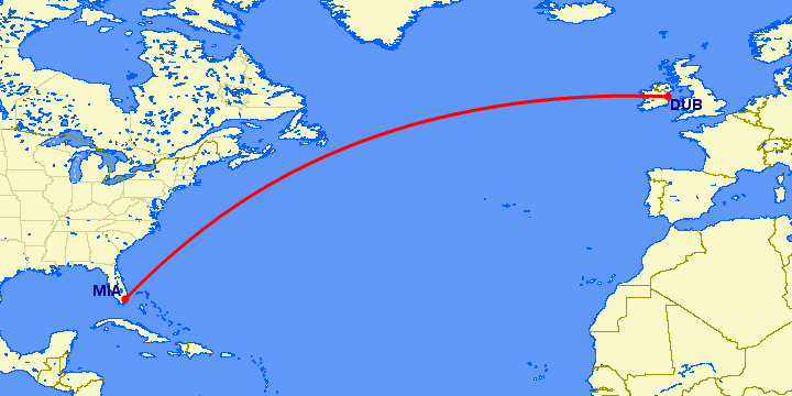 перелет Дублин — Майами на карте