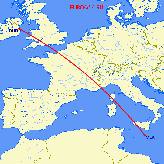 перелет Дублин — Мальта на карте
