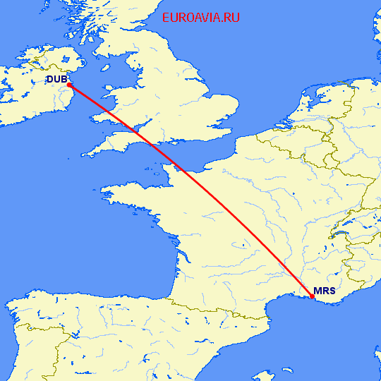 перелет Дублин — Марсель на карте