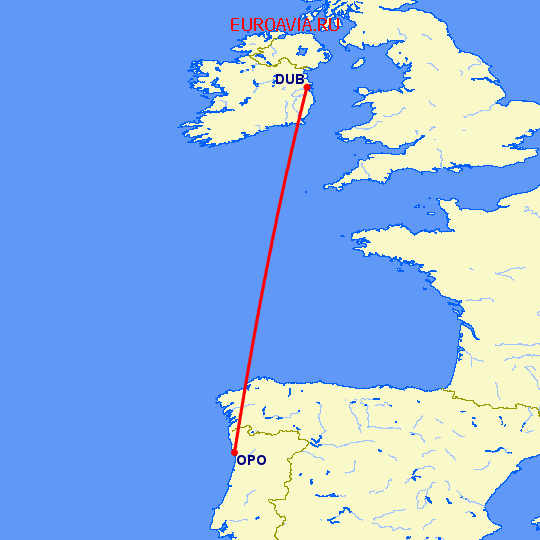 перелет Дублин — Порту на карте