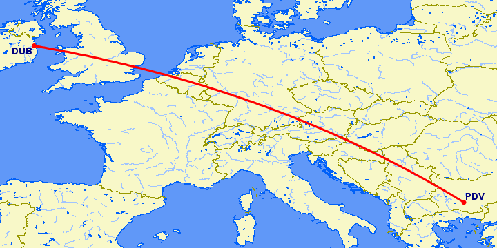 перелет Дублин — Пловдив на карте
