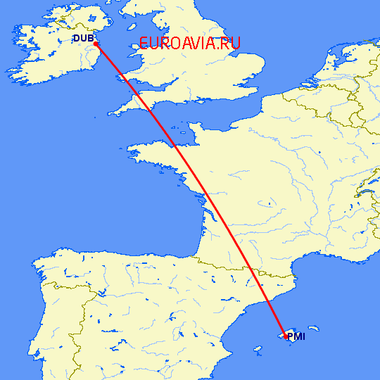 перелет Дублин — Пальма де Майорка на карте
