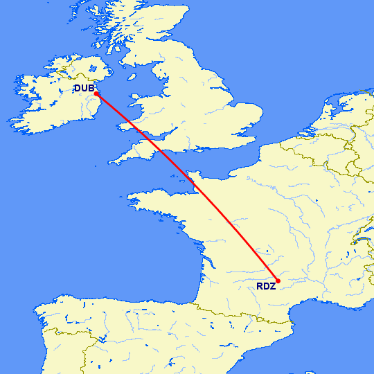 перелет Дублин — Родез на карте