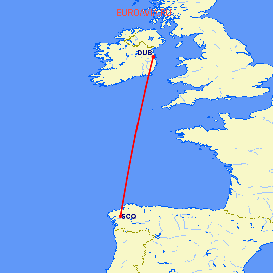 перелет Дублин — Сантьяго де Компостела на карте