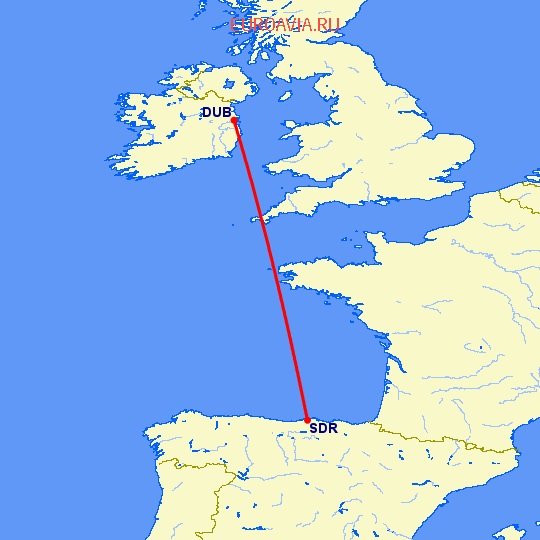 перелет Дублин — Сантандер на карте