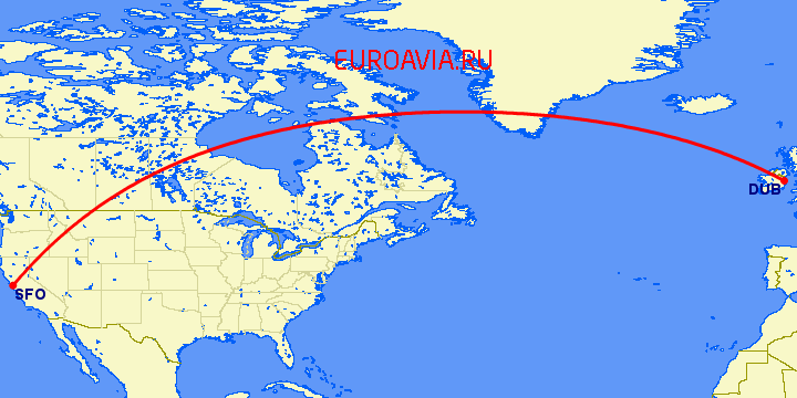 перелет Дублин — Сан Франциско на карте