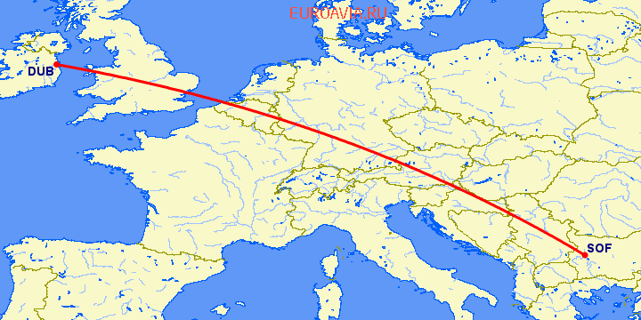 перелет Дублин — София на карте