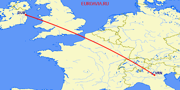 перелет Дублин — Верона на карте