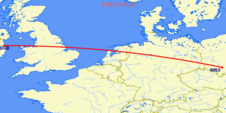 перелет Дублин — Вроцлав на карте