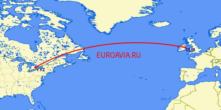 перелет Дублин — Торонто на карте
