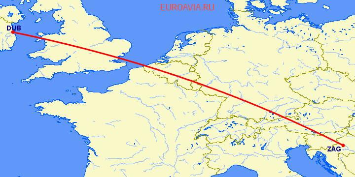 перелет Дублин — Загреб на карте
