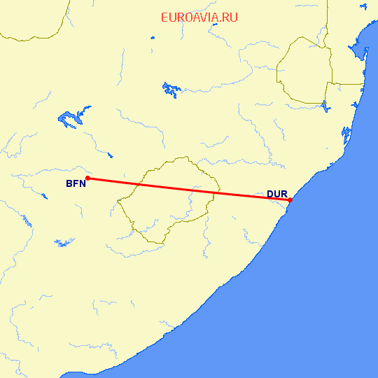 перелет Дурбан — Блумфонтейн на карте