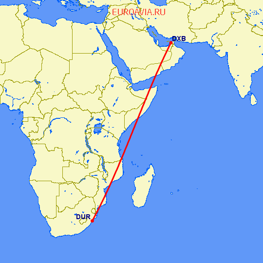 перелет Дурбан — Дубай на карте