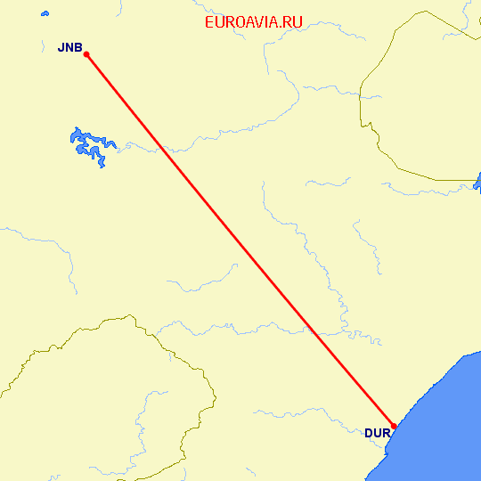 перелет Дурбан — Йоханнесбург на карте
