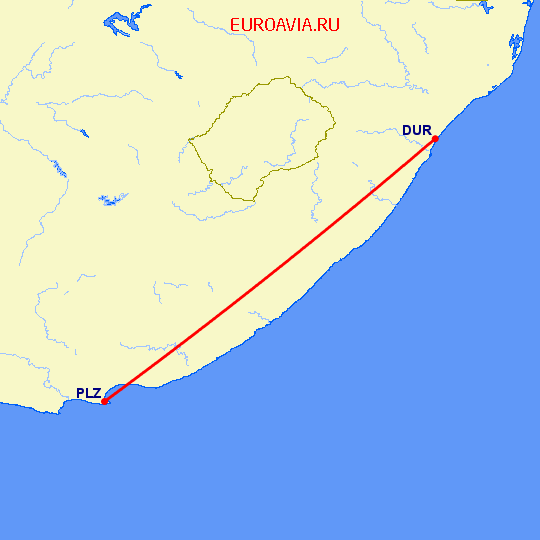 перелет Дурбан — Порт Элизабет на карте