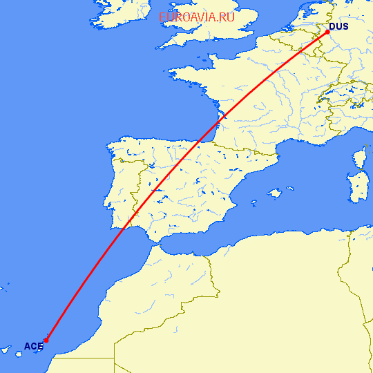 перелет Дюссельдорф — Арресифе на карте