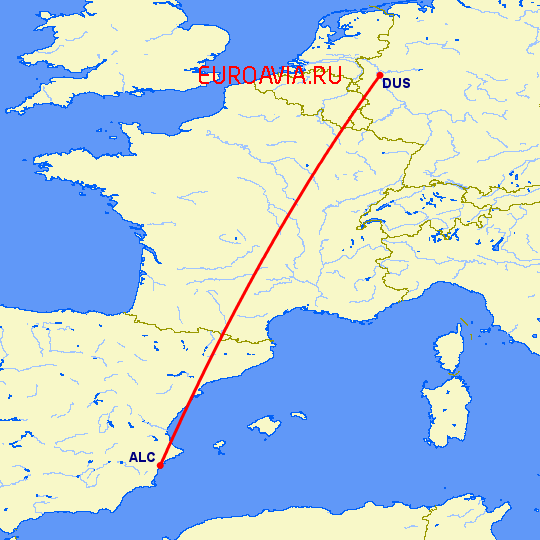 перелет Дюссельдорф — Аликанте на карте