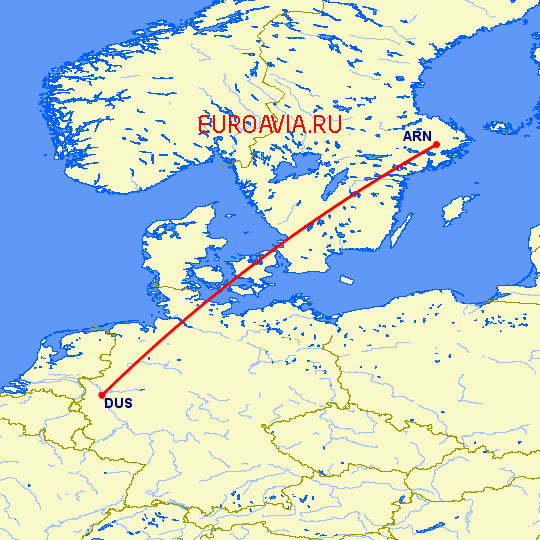 перелет Дюссельдорф — Стокгольм на карте