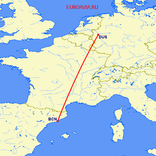 перелет Дюссельдорф — Барселона на карте
