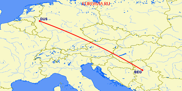 перелет Дюссельдорф — Белград на карте
