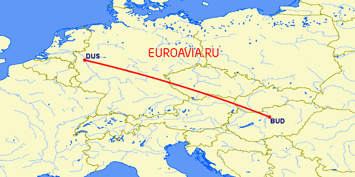 перелет Дюссельдорф — Будапешт на карте