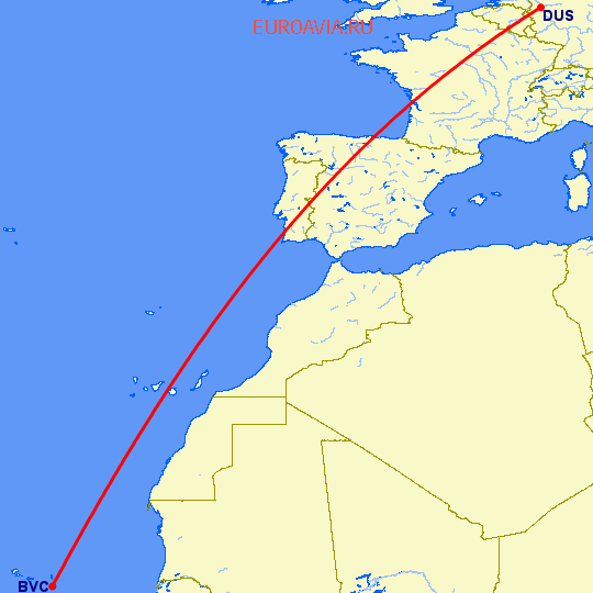 перелет Дюссельдорф — Boa Vista на карте