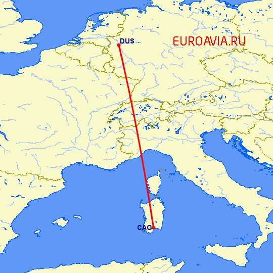 перелет Дюссельдорф — Кальяри на карте