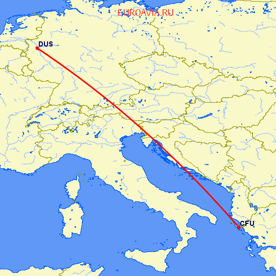 перелет Дюссельдорф — Керкира на карте