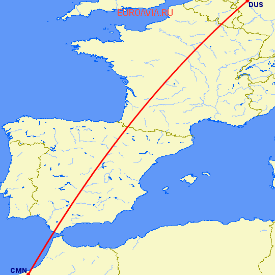 перелет Дюссельдорф — Касабланка на карте