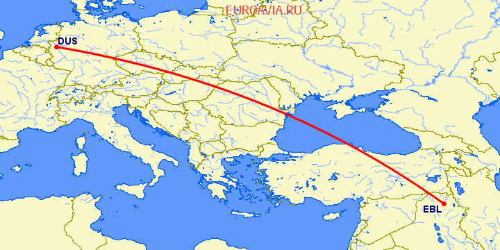 перелет Дюссельдорф — Эрбиль на карте