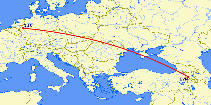перелет Дюссельдорф — Ереван на карте