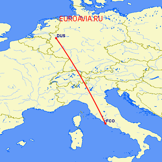 перелет Дюссельдорф — Рим на карте