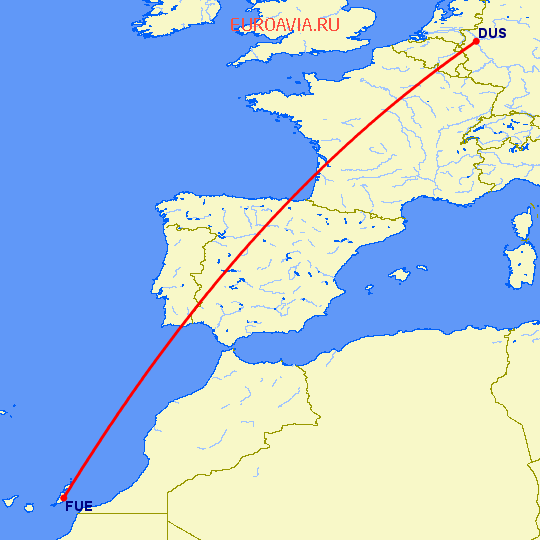 перелет Дюссельдорф — Пуэрто дель Росарио на карте