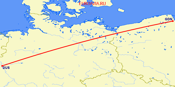 перелет Дюссельдорф — Гданьск на карте